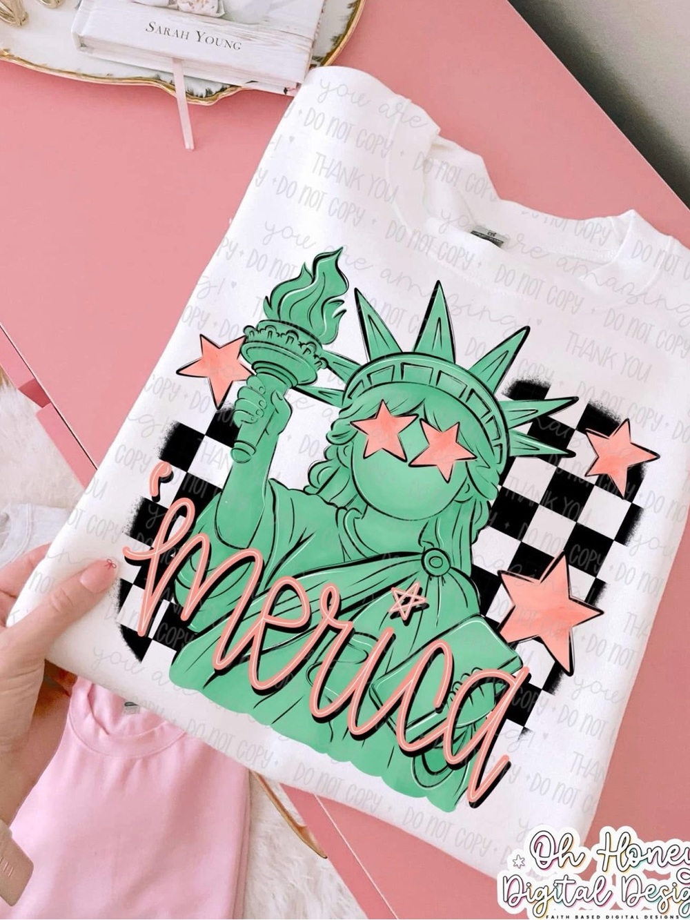 'Merica Statue of Liberty Tee - White with Mint Green & Coral Stars XS-4X